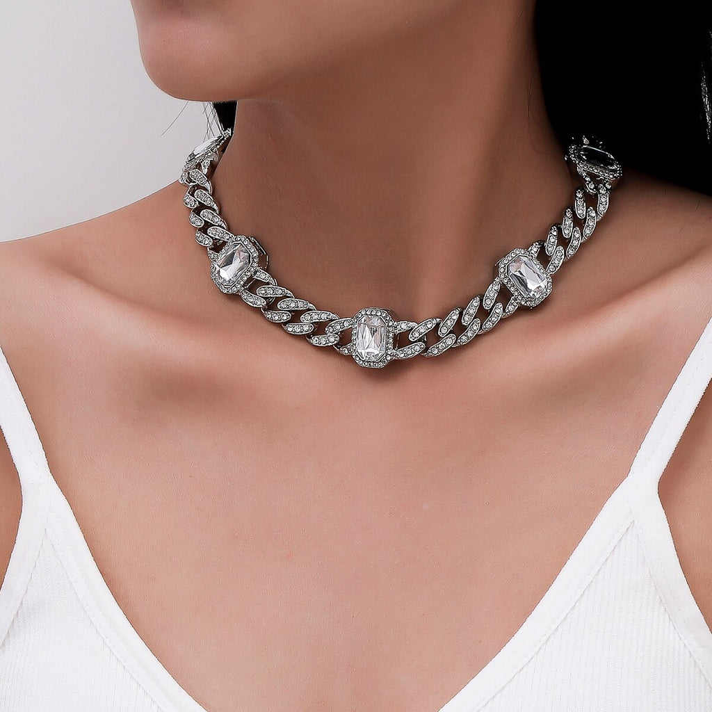 KunJoe Square Crystal Geometric Design Choker Women Vintage Punk Shiny Rhinestone Necklace Hip Hop Jewelry Chain Birthday Gift