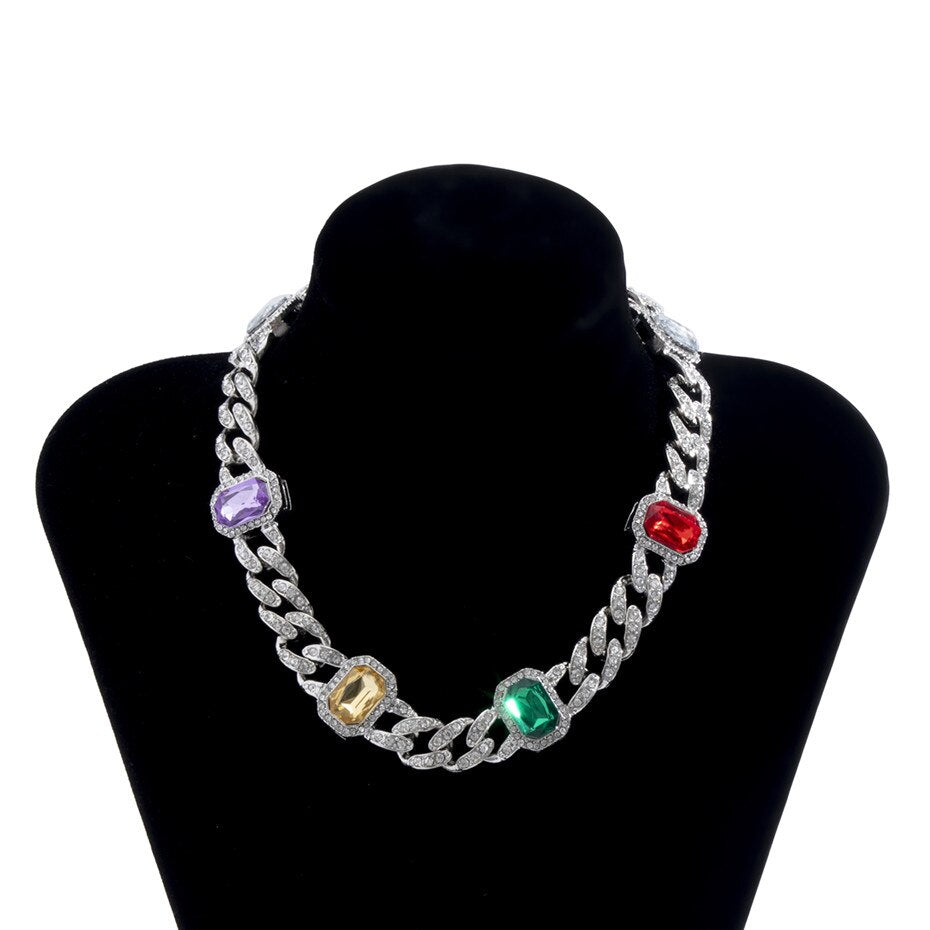 KunJoe Square Crystal Geometric Design Choker Women Vintage Punk Shiny Rhinestone Necklace Hip Hop Jewelry Chain Birthday Gift
