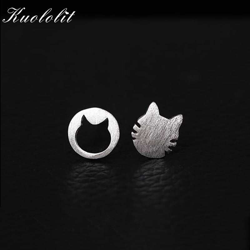 Solid 925 Sterling Silver Cat Stud Earrings For Women Asymmetry Christmas Wedding Fashion Simple Handmade Jewelry New
