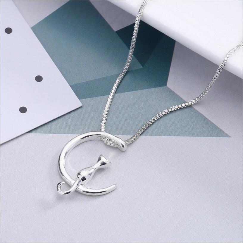 New Fashion Fine Jewelry Crescent Moon Cat Concise Metal Summer Necklaces & Pendant For Women Ladies' Gifts N-17