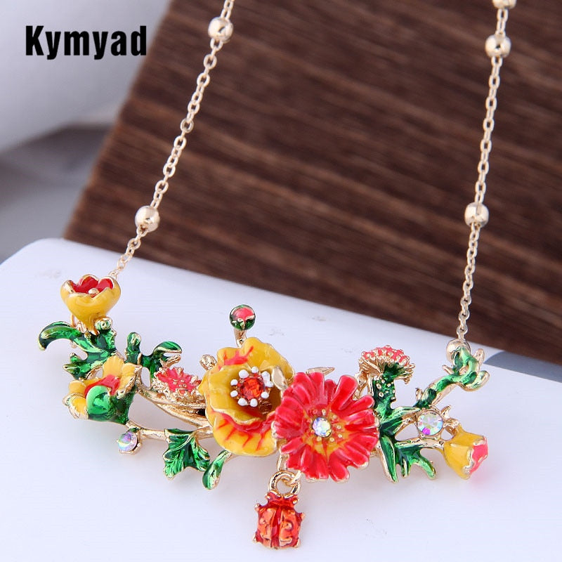 Kymyad Bohemian Flower Choker Necklace For Women Collier Femme Enamel Plant Collar Necklaces Crystal Cute Statement Necklaces