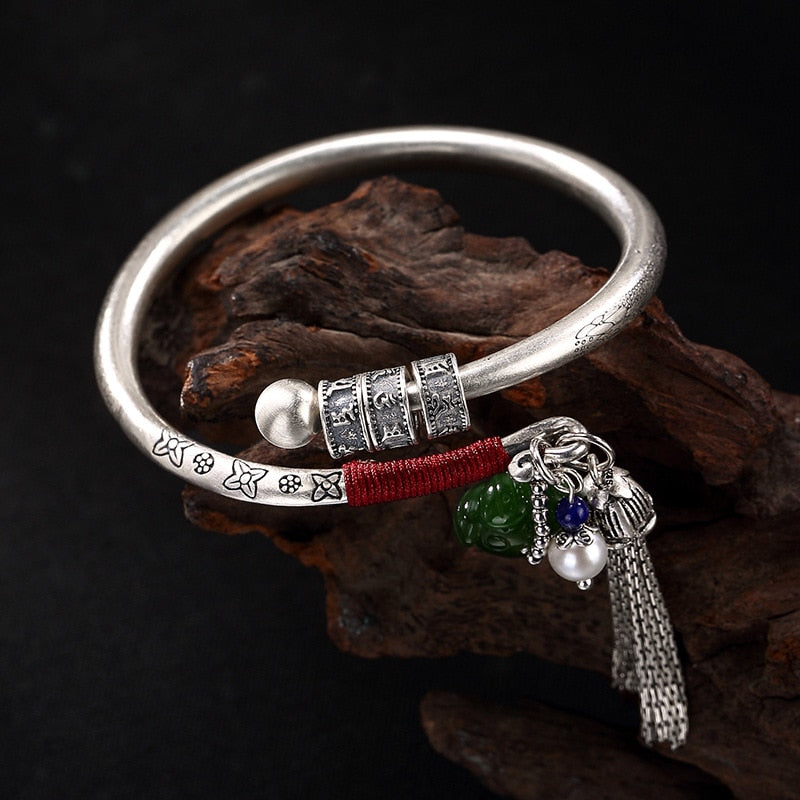 Buddhism Pure 990 Silver Natural Jasper Tassels Bracelets&Bangles For Women,Handmade Original Retro Silver Bangle