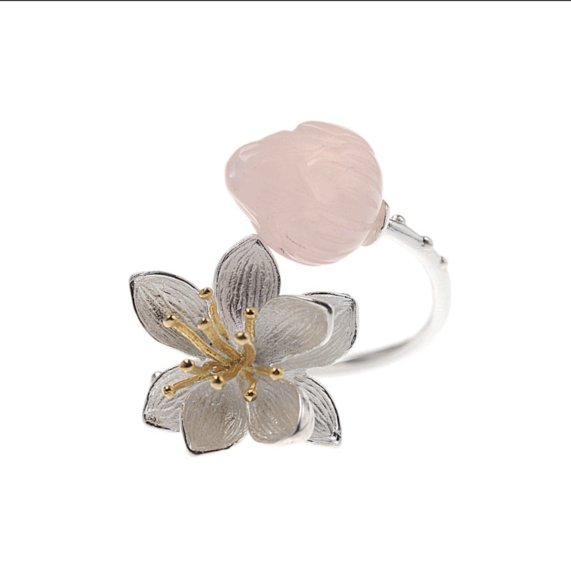 Natural Gemstone Rose Quartz Authentic 100% 925 Sterling Silver Ring For Women Lady Flower Ring Original Wedding Jewelry