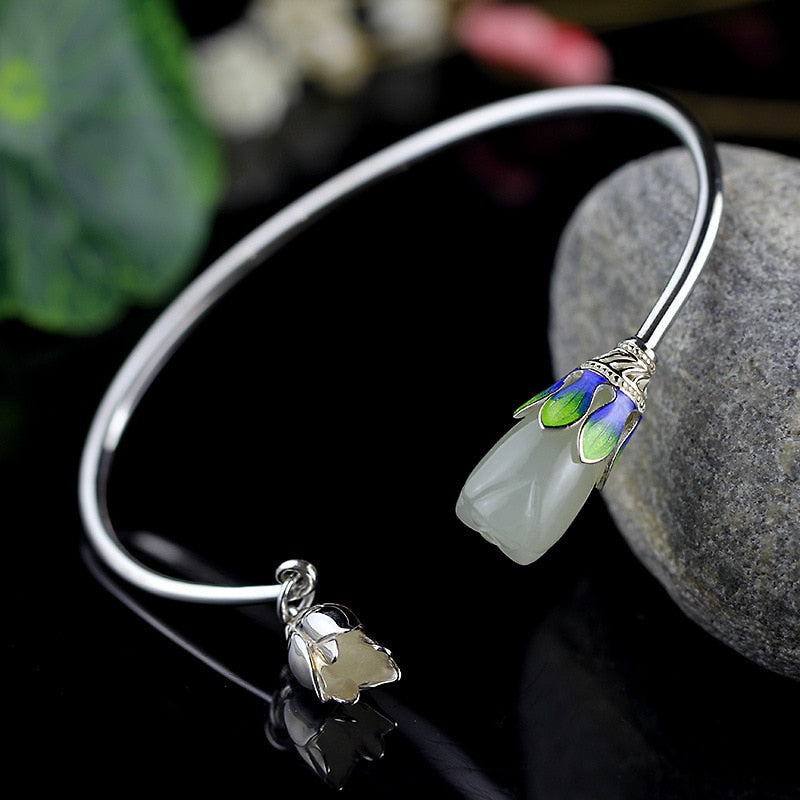 Original Design 100% 990 Sterling Silver bangles Naturan Stone Magnolia Bangle Jewelry Fine Wedding Gifts Top Quality