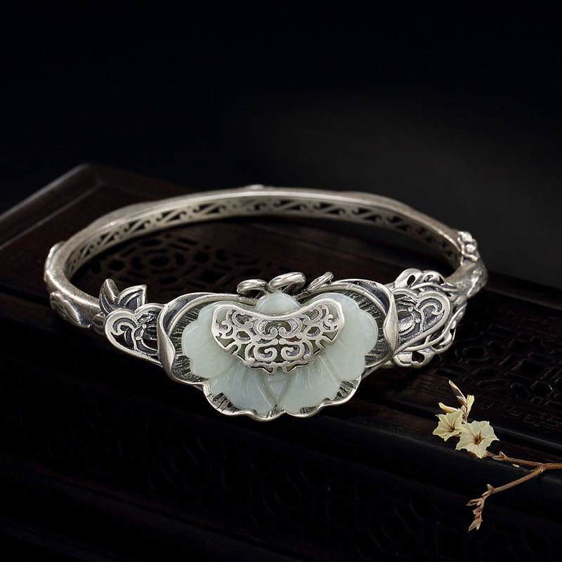 Real 925 Sterling Silver Bangles Vintage Silver Natural Jade Butterfly Bracelet Bangle For Women Ethnic Retro Fine Jewelry