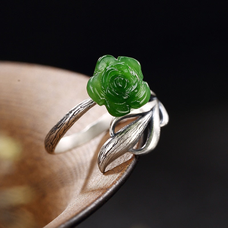S925 pure silver hetian jade jade lady rose Mosaic style restoring ancient ways ring ring