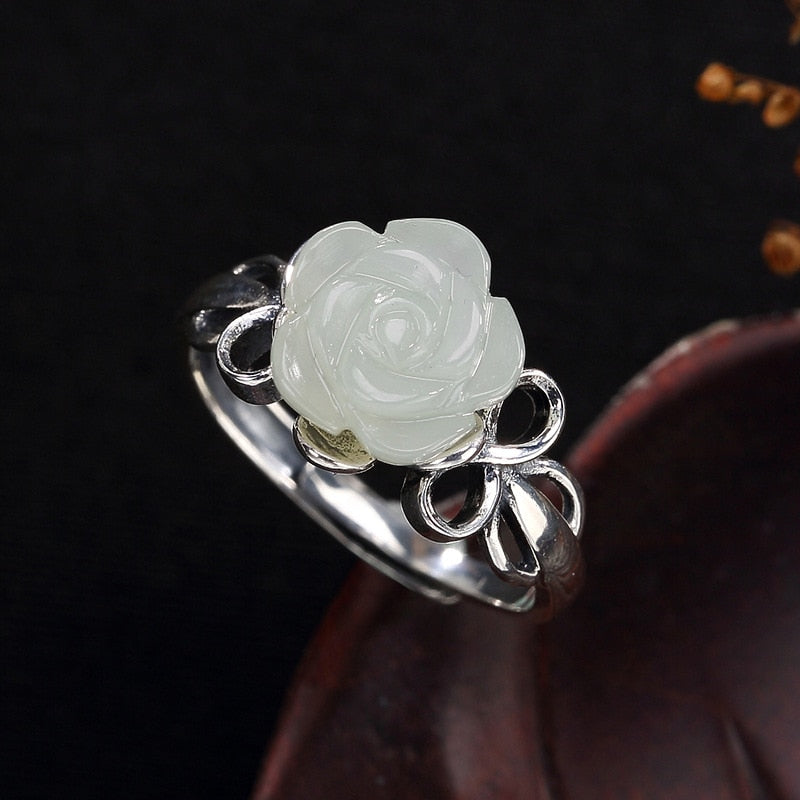 S925 pure silver inl restoring ancient ways hetian jade white jade lady rose silver ring ring
