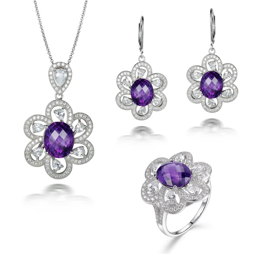 925 Silver Woman Jewelry Set Trendy Flower Natural Luxury 7.25ct Amethyst Pendant & 7.02ct Earrings & 7.05ct Ring