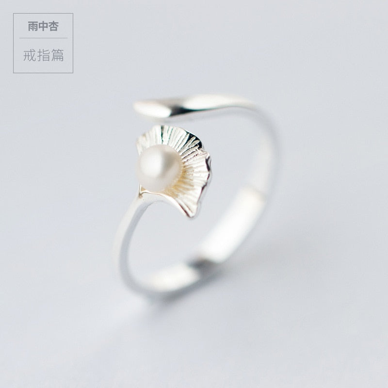LADY'S Real. 925 Sterling Silver lEAF Jingko with white pearl Ring jewelry adjustable GTLJ1114