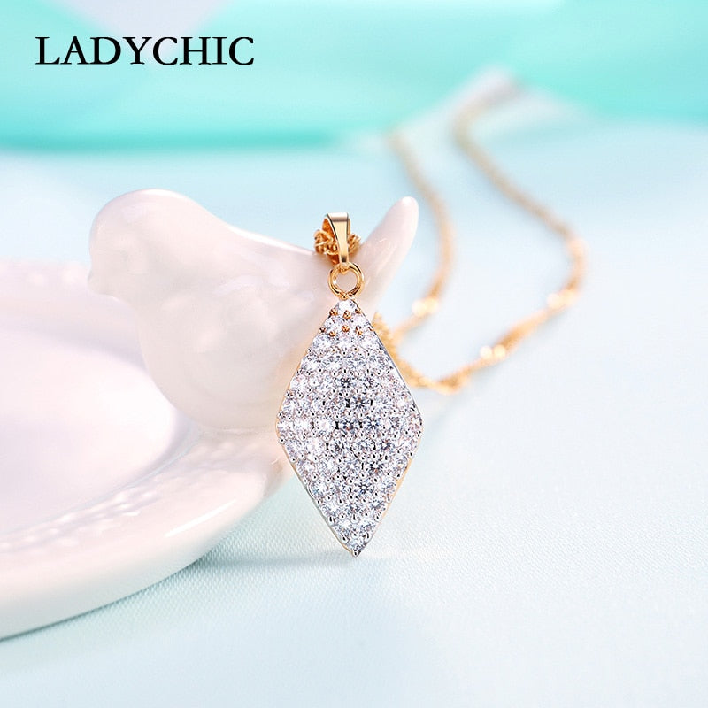 Gold Color Simply Rhombus Shape Pendant Paved with Cubic Zircon for Women Wedding Party Necklace Jewelry Gift LN1036