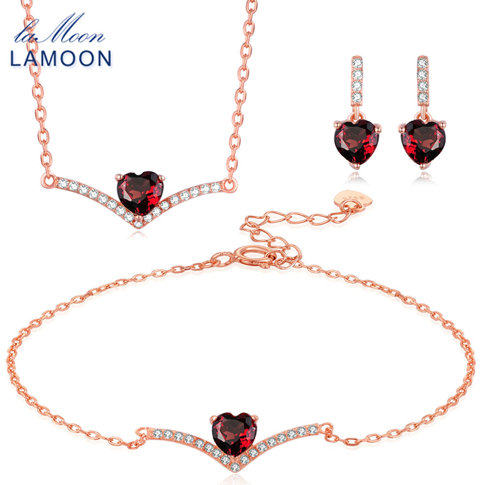 100% Natural Gemstone Heart Cut Red Garnet S925 Sterling Silver Jewelry Set for Women Wedding Party Accessories V004-3