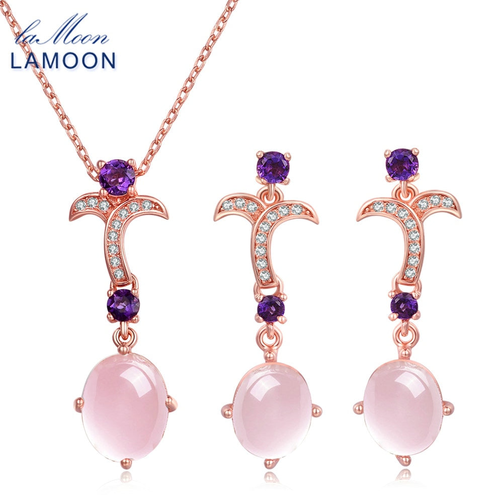 100% Natural Gemstone Oval Rose Quartz 925 Sterling Silver Jewelry Rose Gold Plated Jewelry Set for Women V025-2