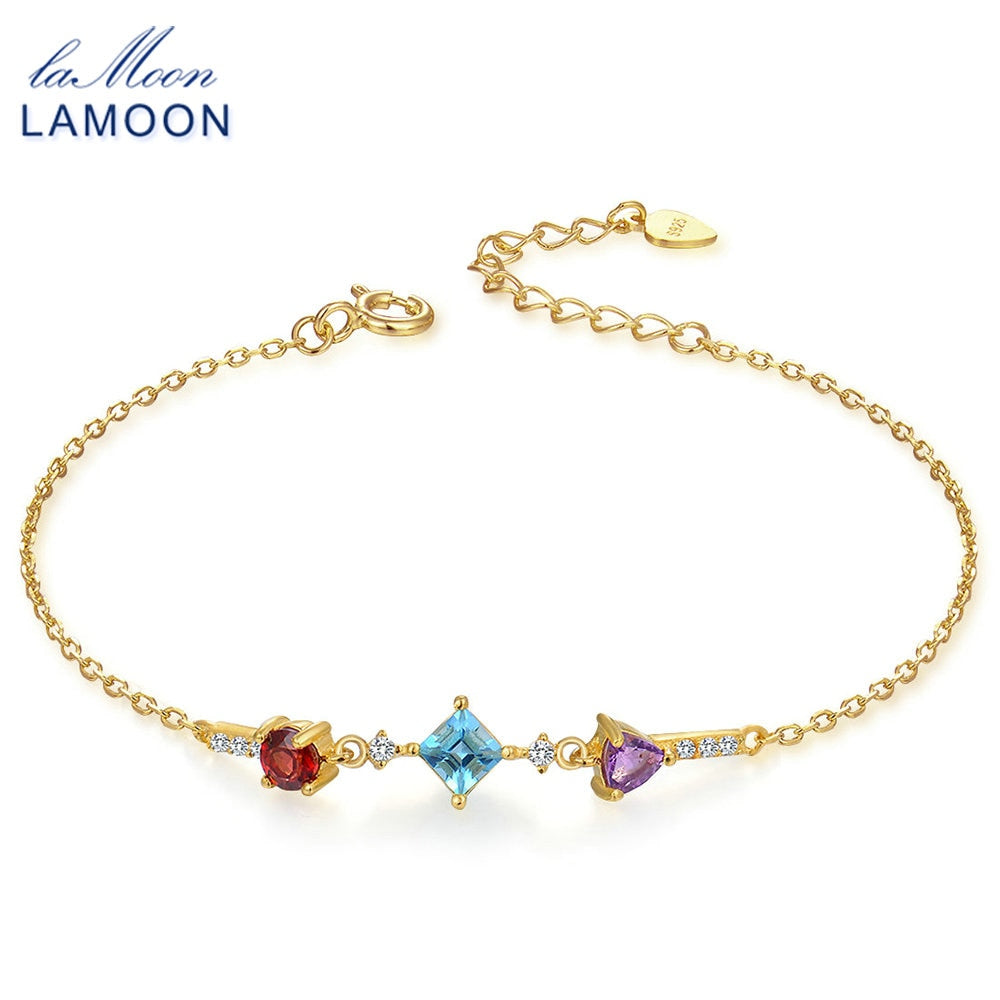 14K Yellow Gold Plated Charm Bracelets for Women Purple Amethyst Red Garnet Blue Topaz 925 Sterling Silver Jewelry HI027