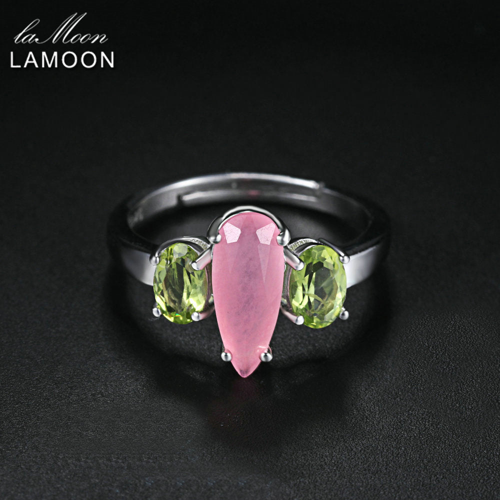 2020 Natural Rose Quartz & Peridot S925 Adjustable Rings Silver Color 925-Sterling-Silver Gemstone Fine Jewelry LMRI064