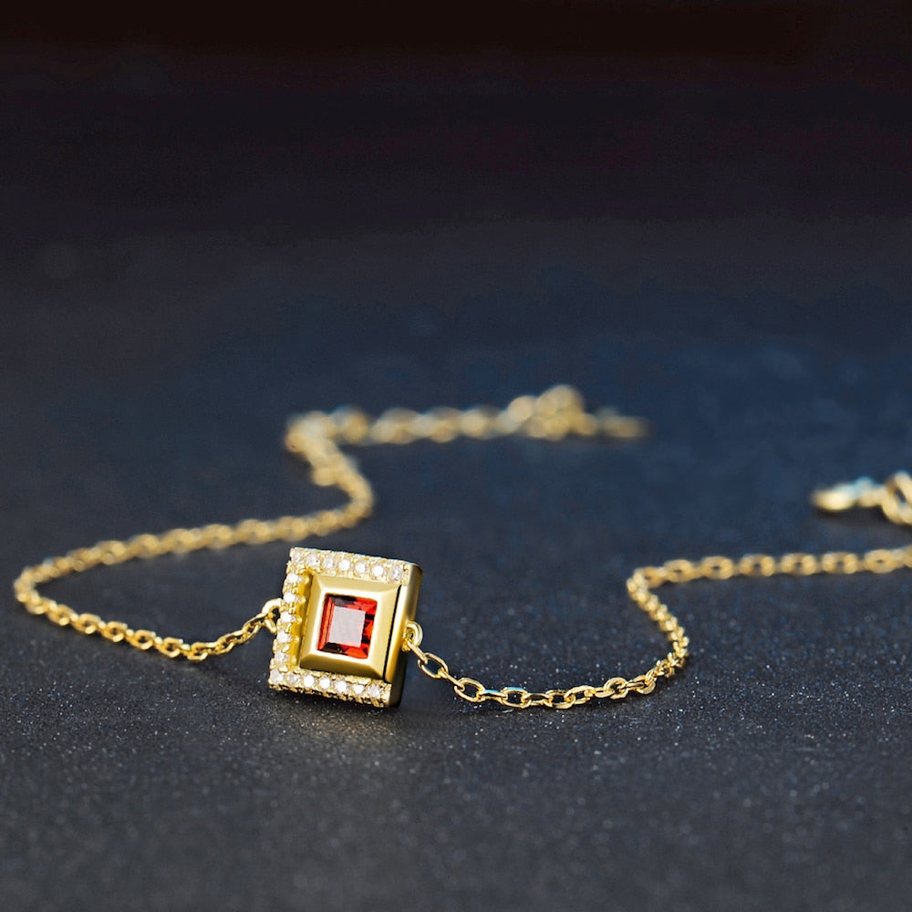 4mm Square Red Garnet S925 Bracelets & Bangles 925 Sterling Silver Fine Jewelry Light Yellow Gold Color For Women LMHI050