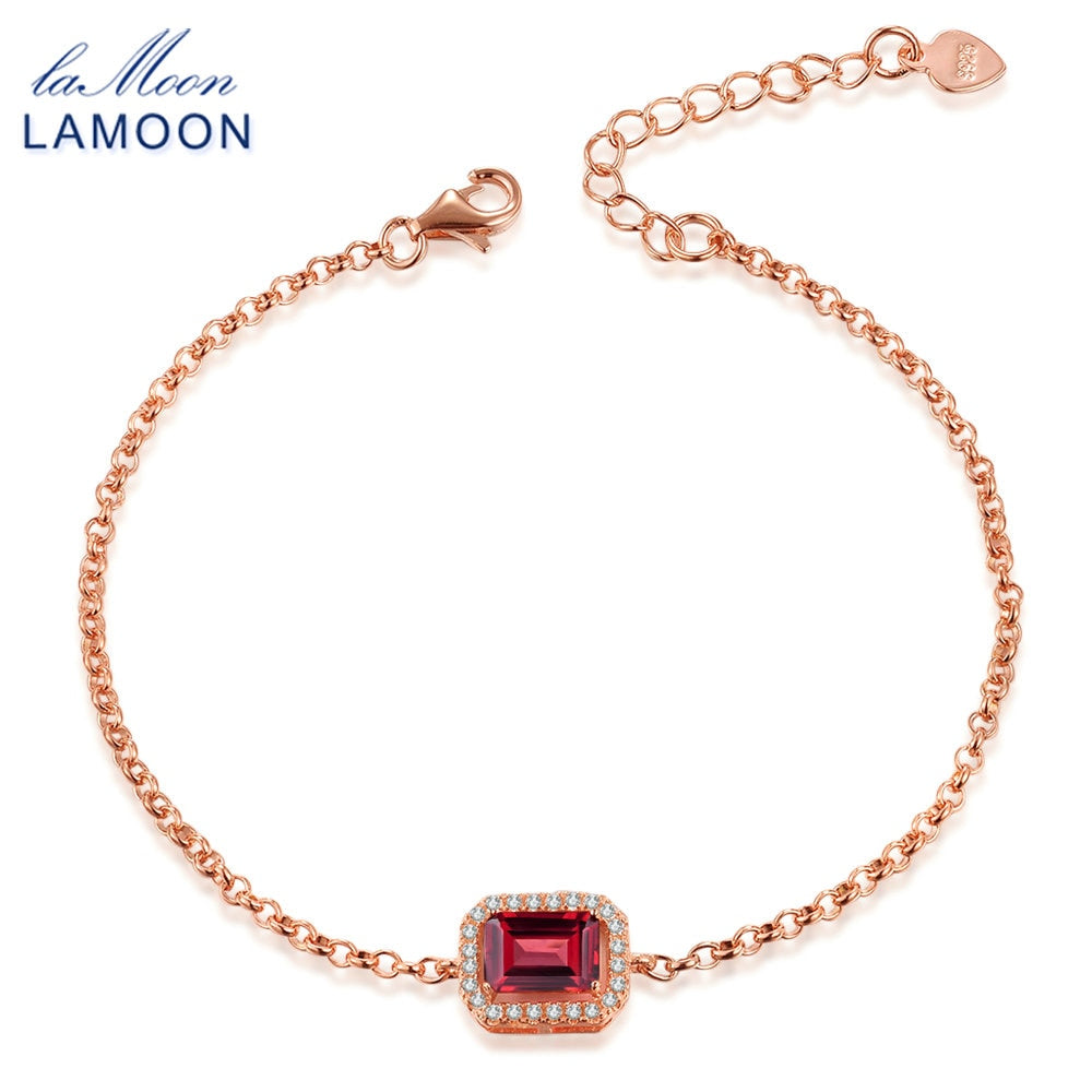 LAMOON- 5X7mm 1.1ct Natural Rectangular Red Garnet 925 Sterling Silver Jewelry Chain Charm Bracelet S925 LMHI001