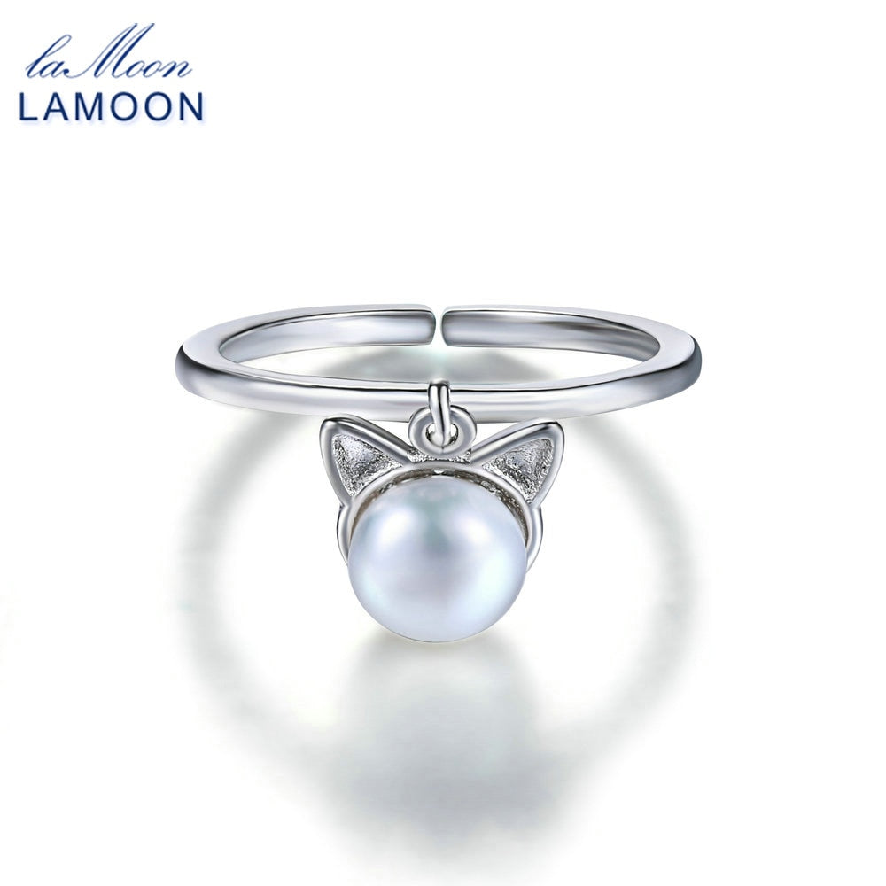 925 Sterling Silver Adjustable 6mm Pearl Rings S925 Lovely Cat Trendy Fine Jewelry Women Girls Anti Allergy Anillos Mujer
