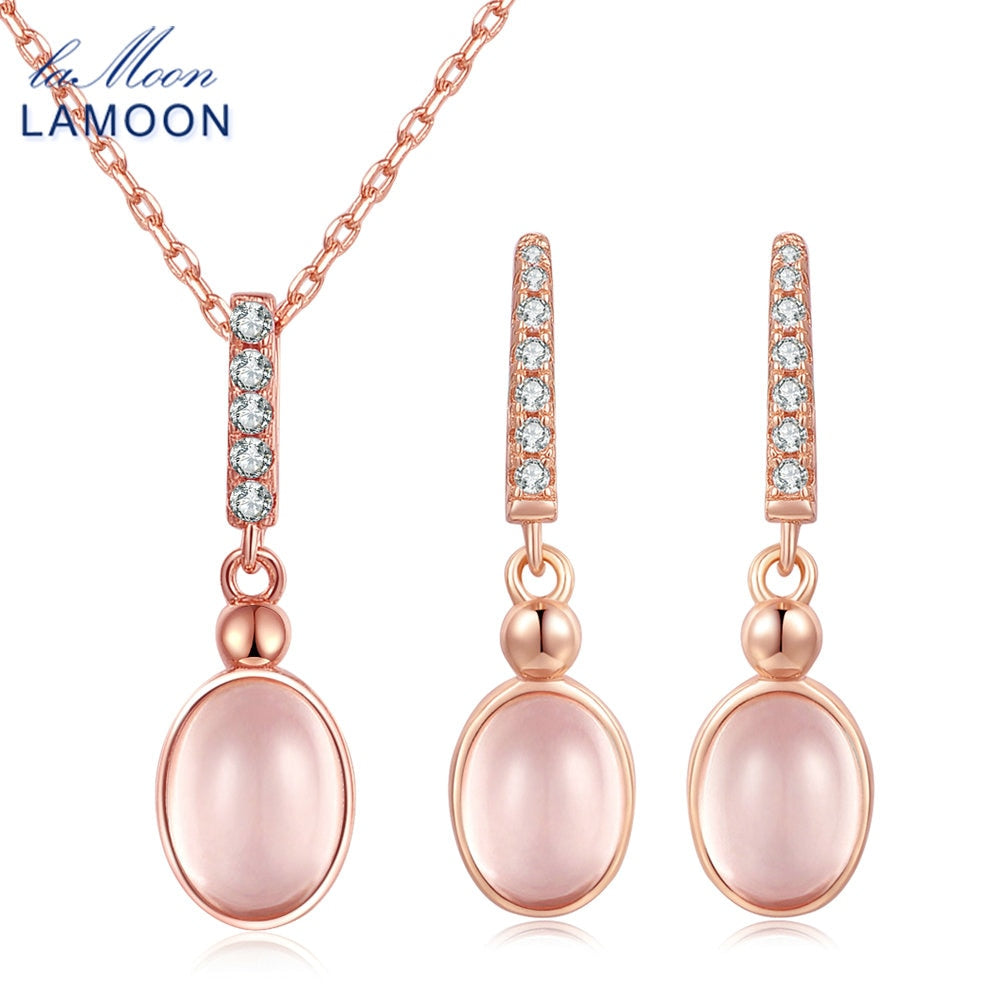 925 Sterling Silver Fine Jewelry Sets 100% Natural Gemstone Oval Egg Stone Rose Quartz 18K Rose Gold Plated V021-2