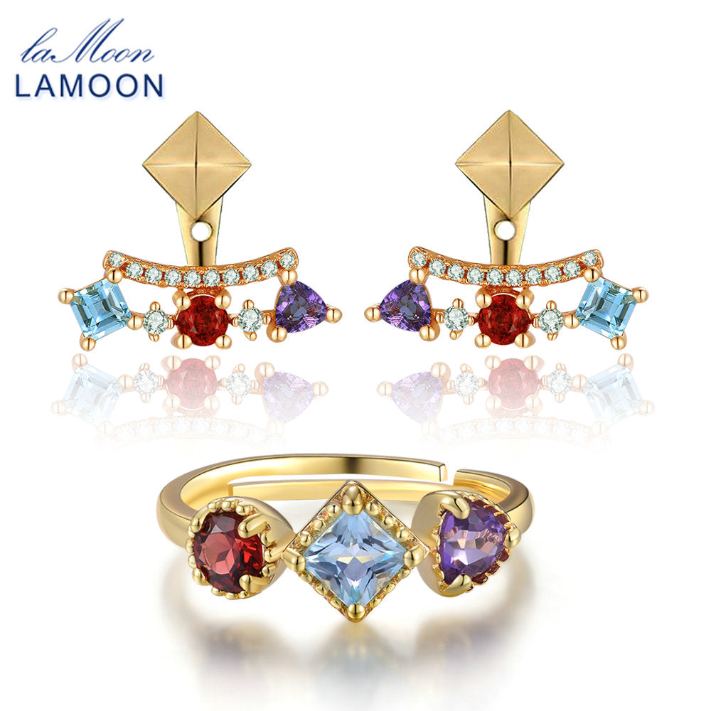 925 Sterling Silver Jewelry 14K Gold Plated Jewelry Set Pyramid 0.7ct Natural Amethyst & Garnet & Topaz 3 Colors V013-1