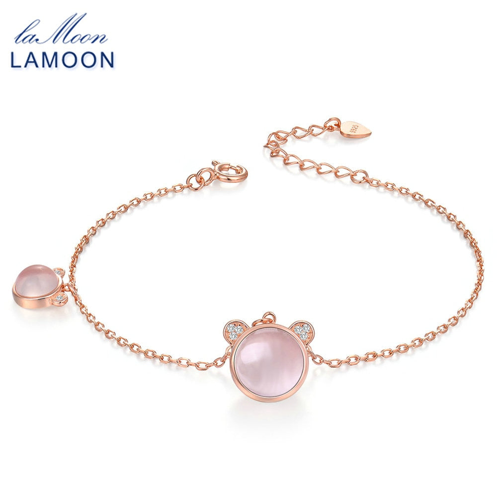 925 Sterling Silver Jewelry Charm Bracelets for Women Lovely Bear 100% Natural Gemstone Rose Quartz S925 Bangles HI026