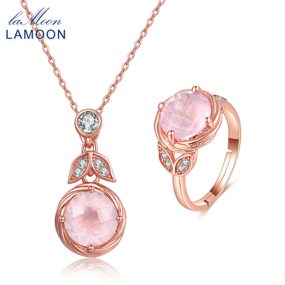 925 Sterling Silver Jewelry Sets for Women Romantic Pink 100% Natural Rose Quartz Necklace Ring Set Engagement V023-3