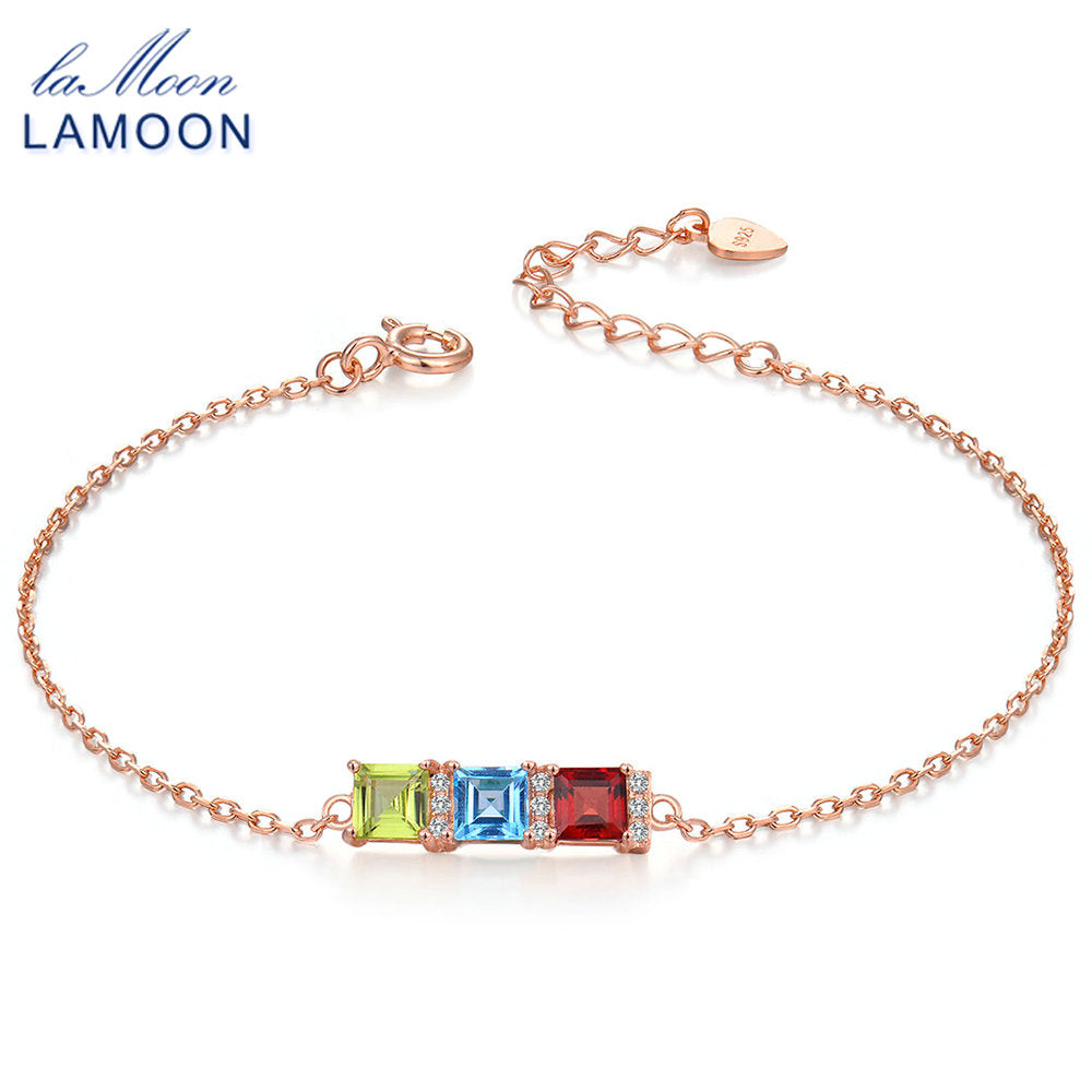 925 Sterling-silver-jewelry Rose Gold Charm Bracelets for Women Trendy Bangles Natural Peridot & Topaz & Garnet HI020