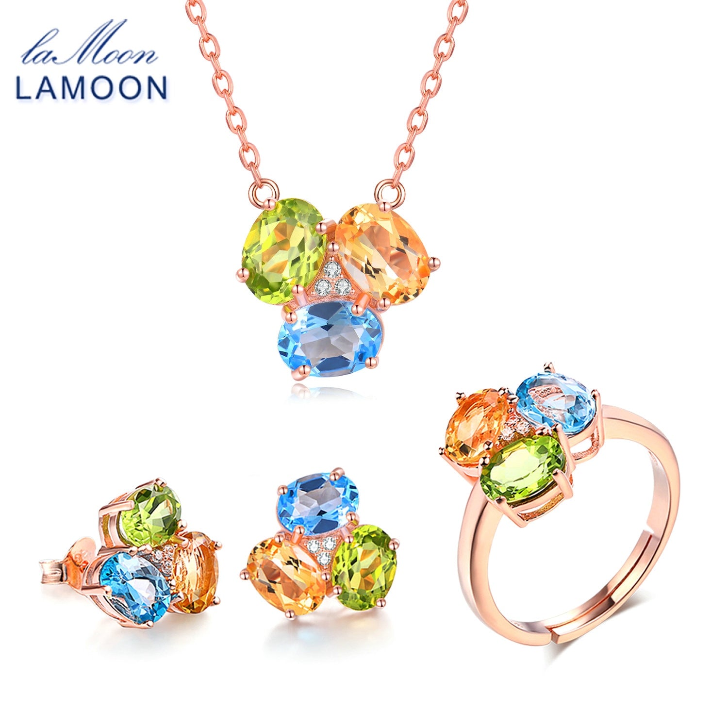 925 sterling-silver-jewelry Fine Jewelry Set for Women Gemstone Oval Yellow Citrine Green Peridot Blue Topaz V003-2