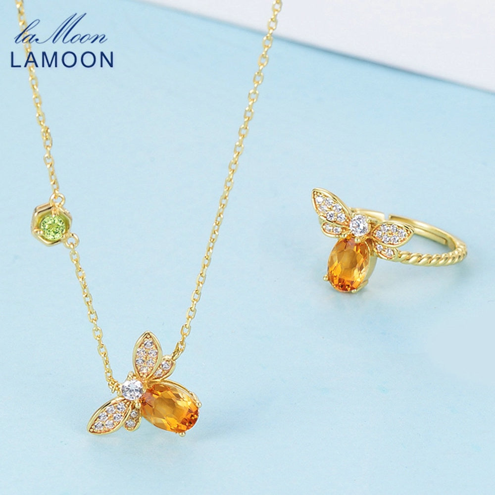 Amber Jewelry Sets 925 Sterling Silver Jewelry Animal Bee 5x7mm 1ct Natural Citrine Fashion Women's Yellow Rings Necklace