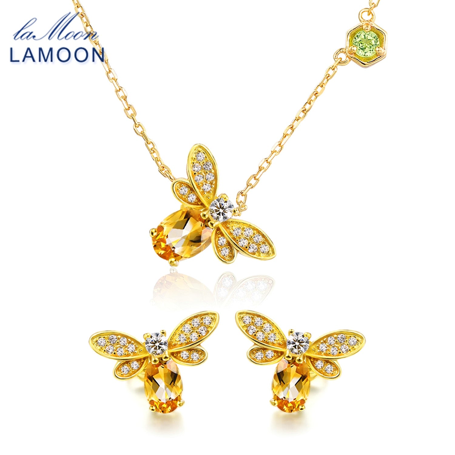 Bee 1ct 100% Natural Citrine 925-sterling-silver Jewelry Set S925 Pendant Necklace+Earrings for Women Girl Gift V027-9