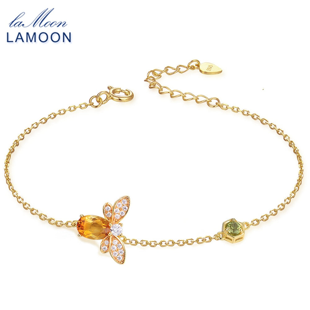 LAMOON- Bee 5X7mm 100% Natural Oval Citrine 925 Sterling Silver Jewelry Chain Charm Bracelet S925 LMHI002