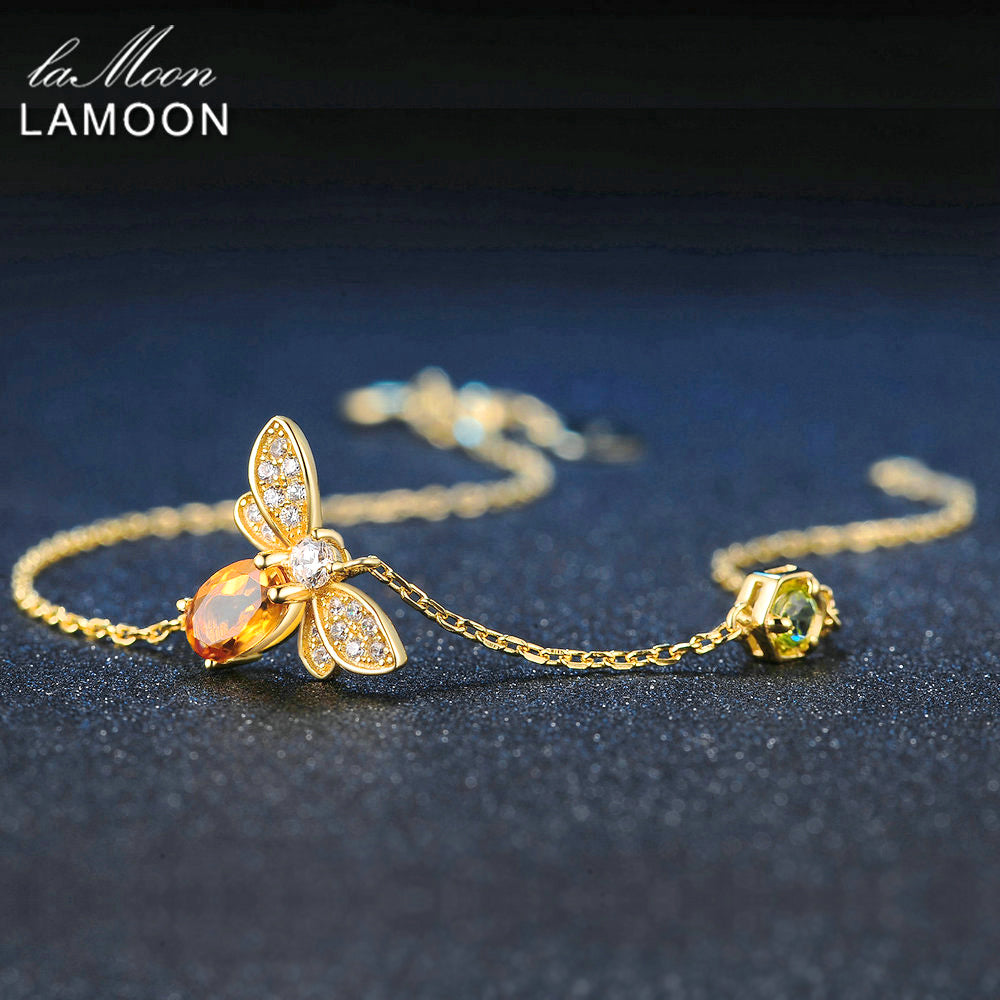 Bee 5X7mm 100% Natural Oval Citrine 925 Sterling Silver Jewelry Gold-color Chain Charm Bracelet S925 LMHI002