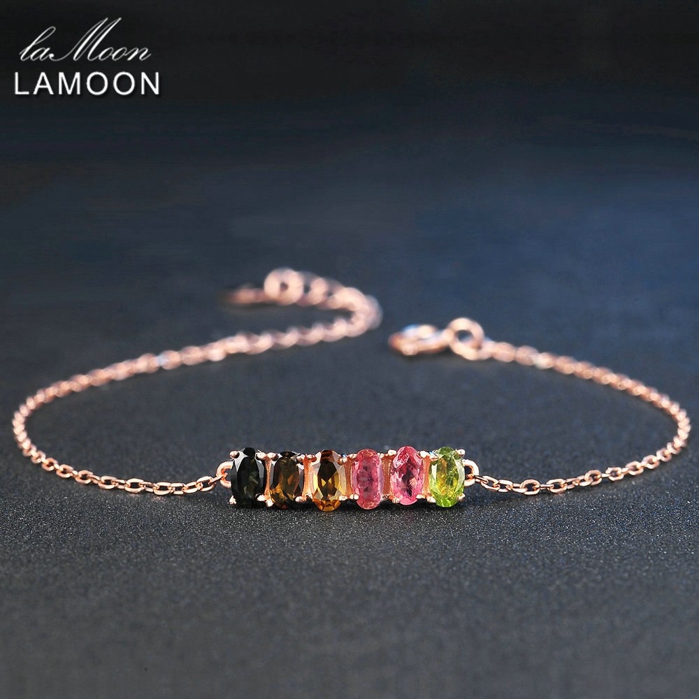 Charm Bracelet Classic 100% Natural 6pcs Multi-Color Oval Tourmaline 925 Sterling Silver Fine Jewelry Women Bracelets New