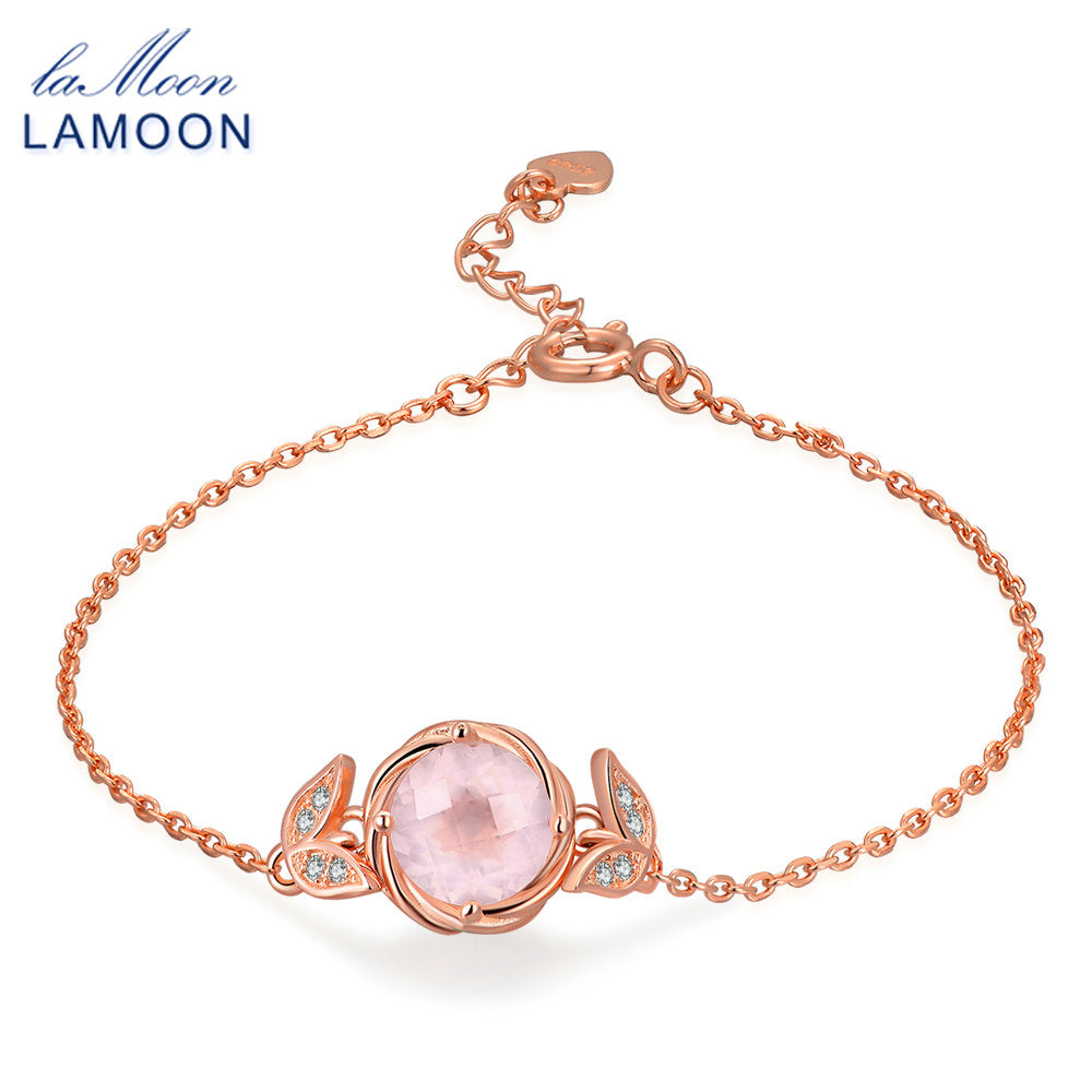 Charm Bracelets for Women Natural Gemstone Pink Rose Quartz S925 Sterling Silver Jewelry Cute Girl's Bracelet HI042