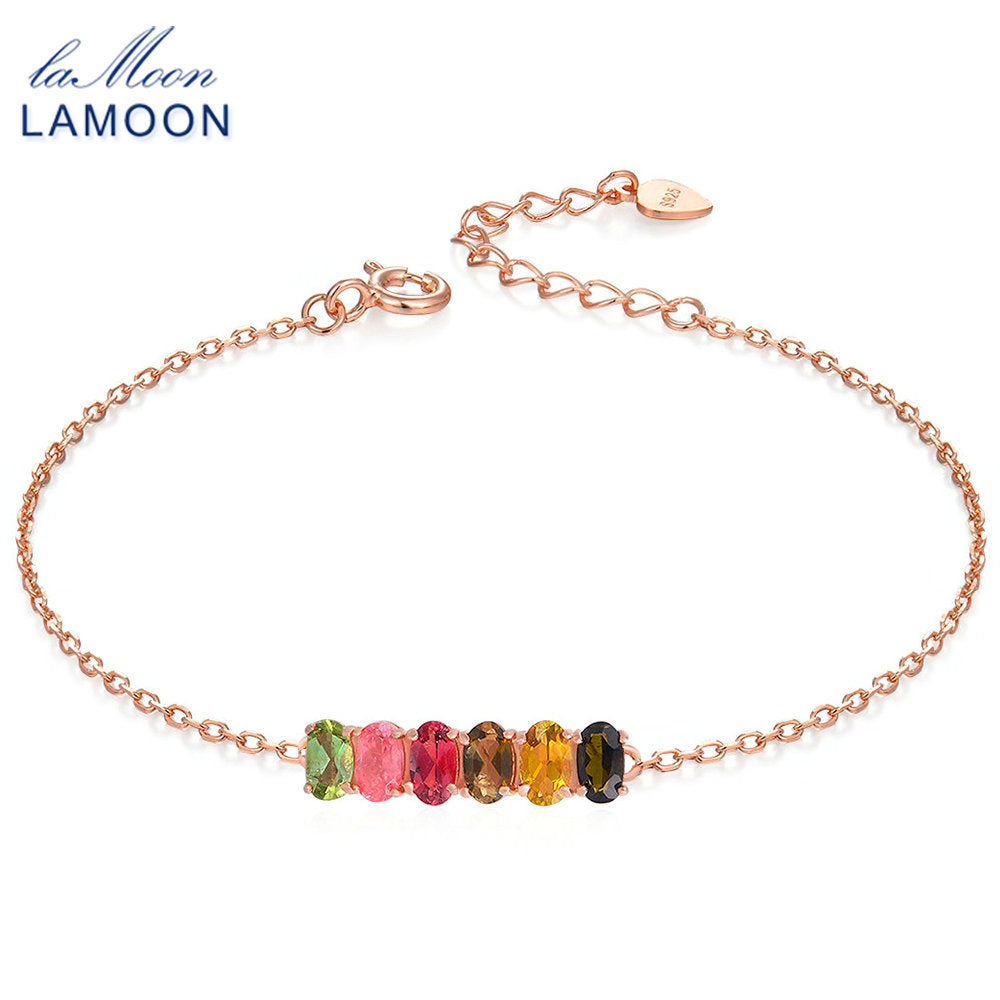Classic 100% Natural 6pcs Multi-Color Oval Tourmaline 925 Sterling Silver Jewelry S925 Bracelet LMHI018