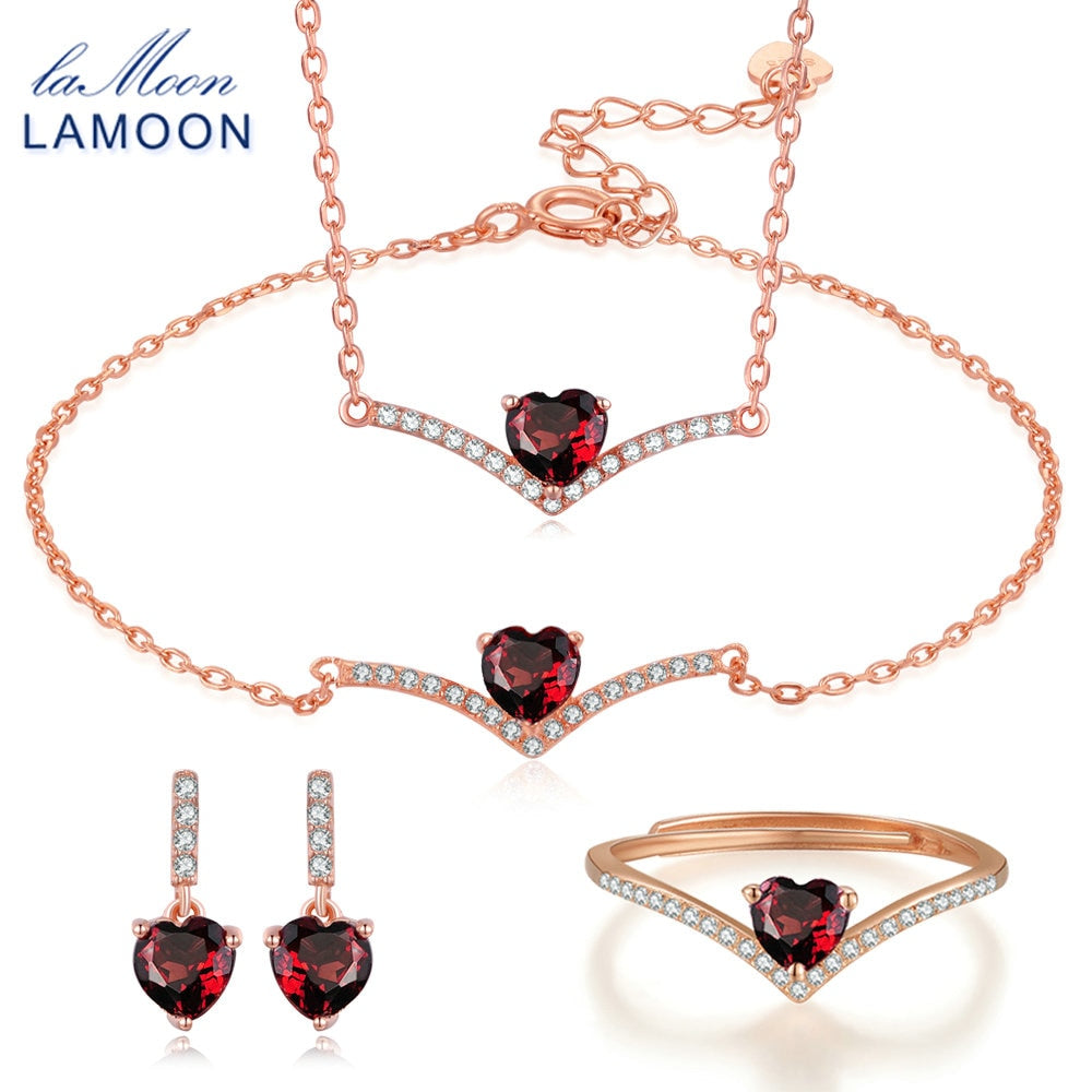 Classic Fine Jewelry Sets for Women 100% Natural Heart Love Red Garnet 925 Sterling Silver Jewelry Earring Ring V004-1