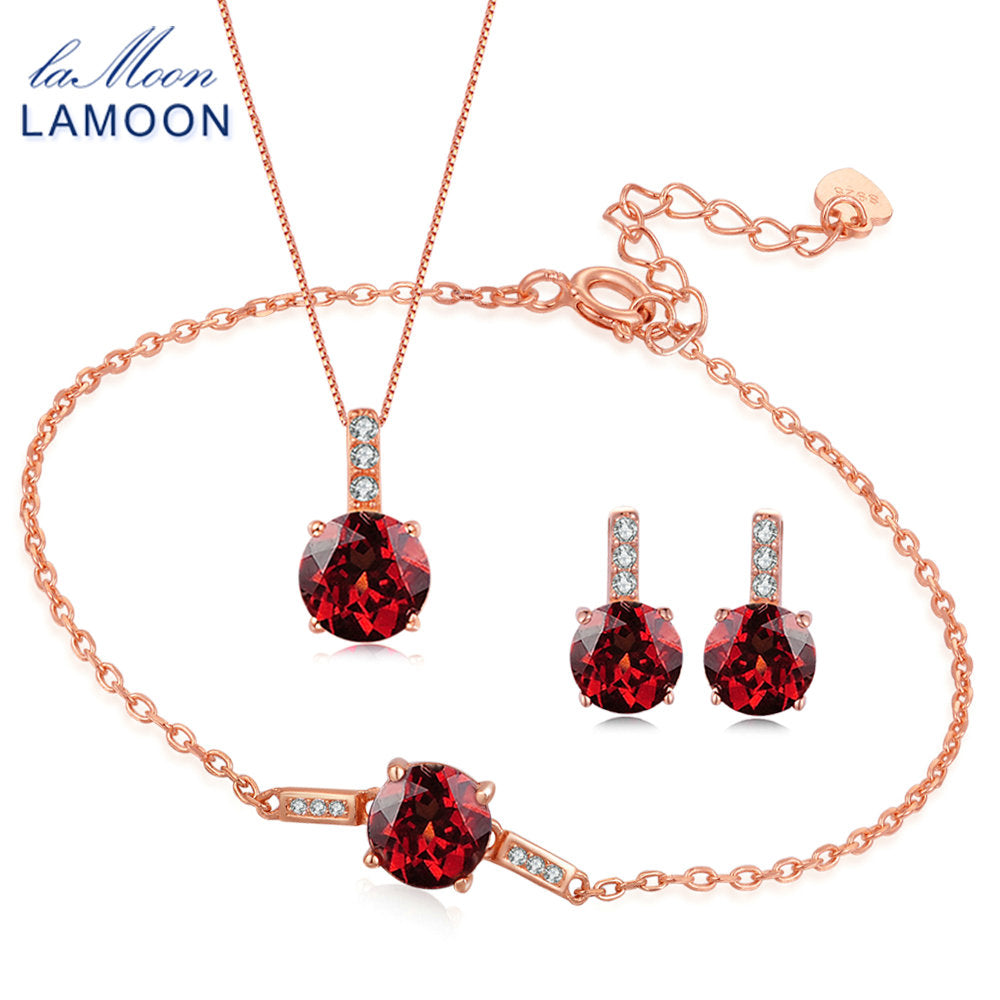 Classic Round Jewelry Sets for Women 2ct Natural Red Garnet 925 Sterling Silver Fine Jewelry Gemstone Bijoux V014-3
