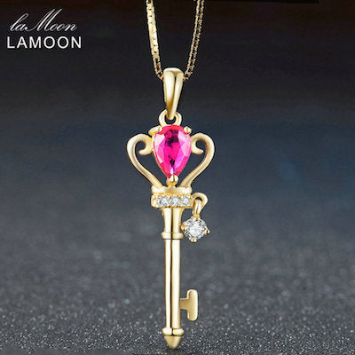 Crown Key Pendant Necklace 6x4mm Natural Teardrop Red Ruby 925 Sterling Silver Jewelry LMNI043