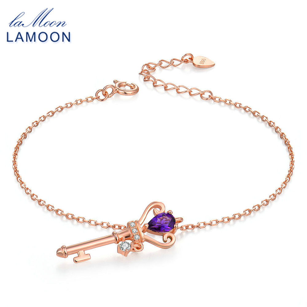 Crown Key to Heart Natural Amethyst S925 Sterling Silver Jewelry Rose Gold Plated Charm Bracelets for Women Bangle HI024