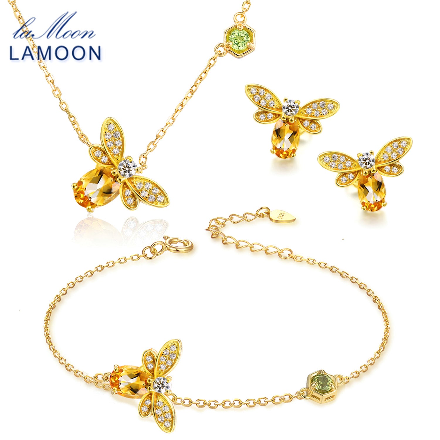 Cute Bee Jewelry Set for Women 100% Natural Citrine 925 sterling-silver-jewelry Necklace&Earring&Ring Sets V027-6