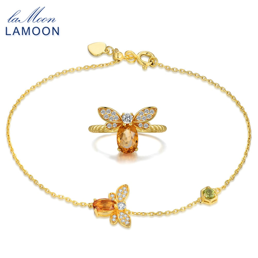 Fine Jewelry S925 Sterling Silver Jewelry Bracelet Rings Set Lovely Bee Design 100% Natural Citrine Accessories V027-3