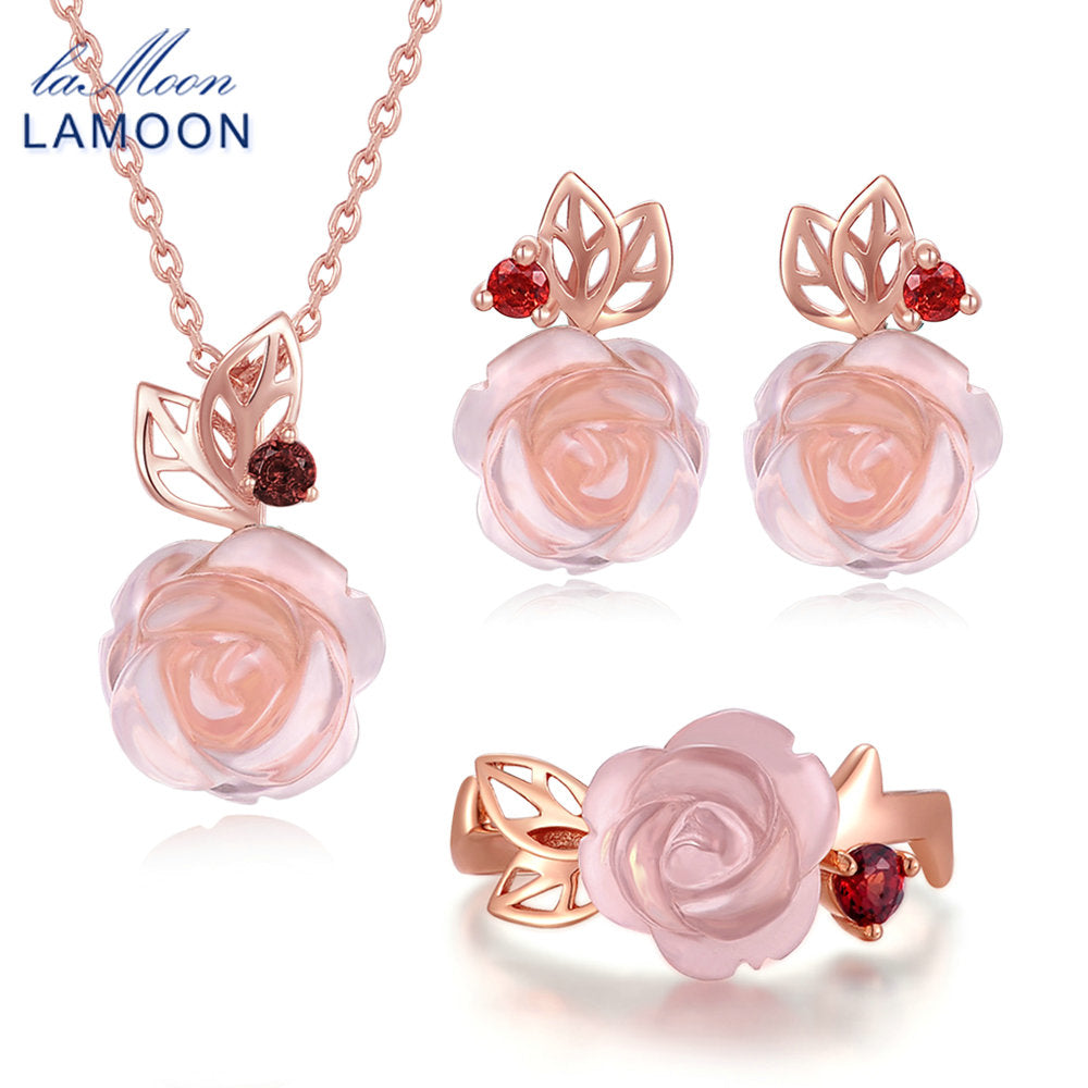 FlowerRose Natural Pink Rose Quartz made with 925 Sterling Silver Jewelry Jewelry Set V033-1