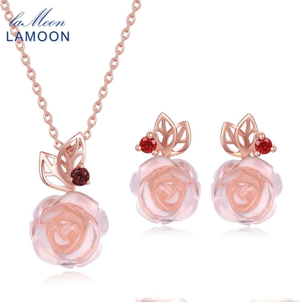 FlowerRose Natural Pink Rose Quartz made with 925 Sterling Silver Jewelry Jewelry Set V033-2