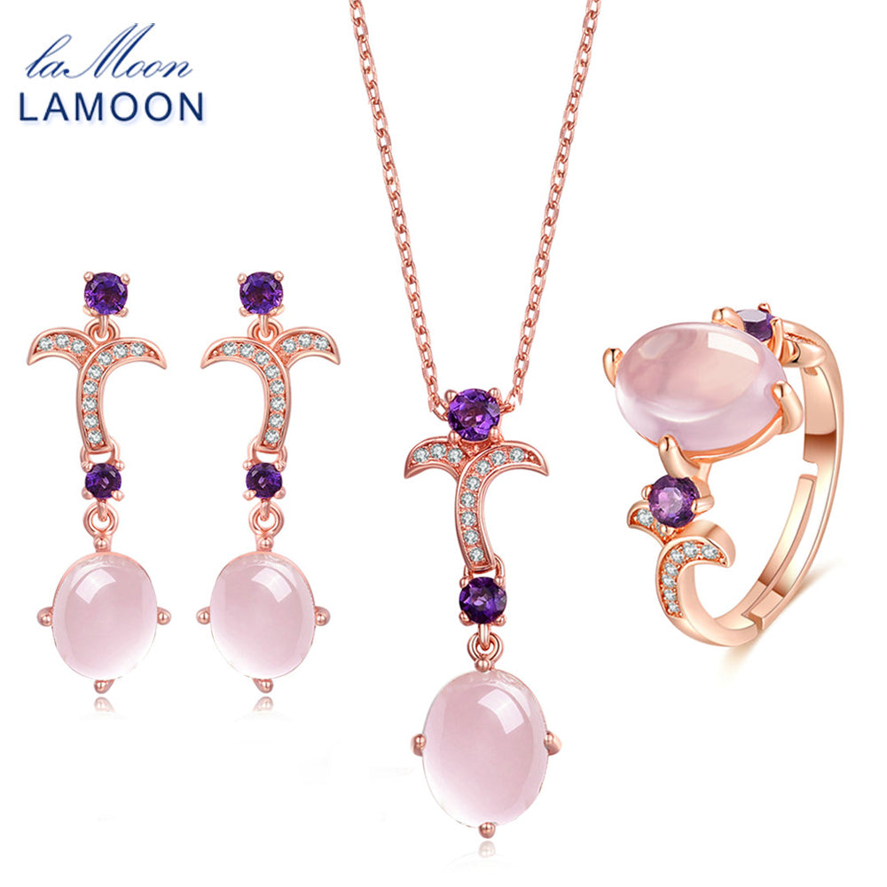 Gemstone Pink Rose Quartz 925 Sterling Silver Jewelry Rose Gold Plated Jewelry Set Necklace Earring Ring Women Set V025-1