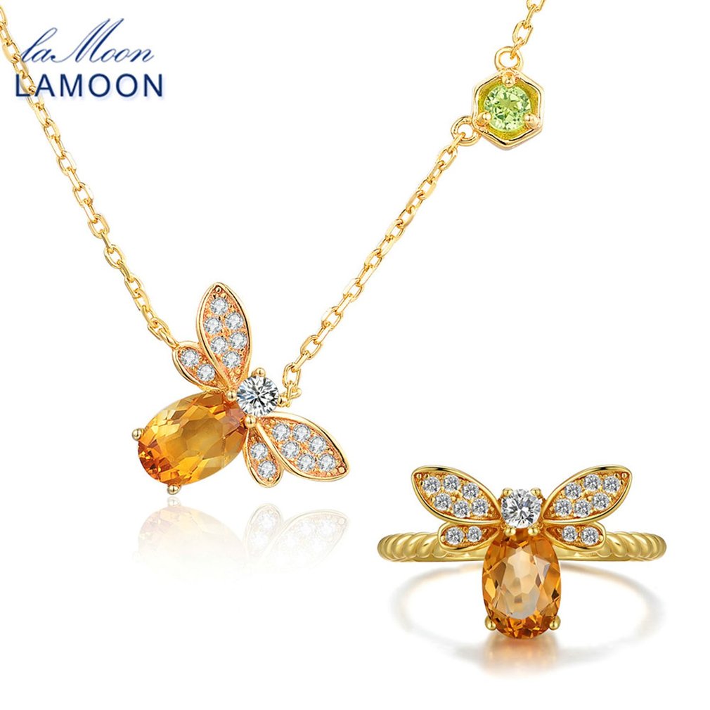 Jewelry Set 2pcs Bee Natural Citrine Ring+Necklace For Women Yellow Animal Unique 925 Sterling Silver Jewelry