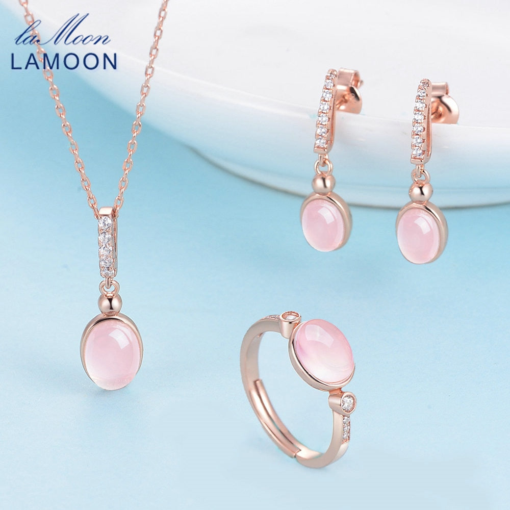 Jewelry Sets Women 925 Sterling Silver Jewelry 100% Natural Pink Gemstone Oval Egg Rose Quartz Wedding Fine Jewelry Set
