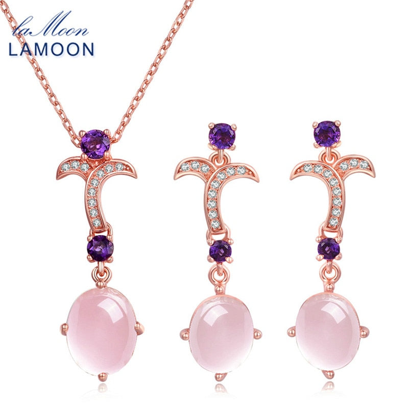 Jewelry Sets for Women 100% Natural Gemstone Oval Rose Quartz 925 Sterling Silver Jewelry Rose Gold-Plated Bijoux V025-2