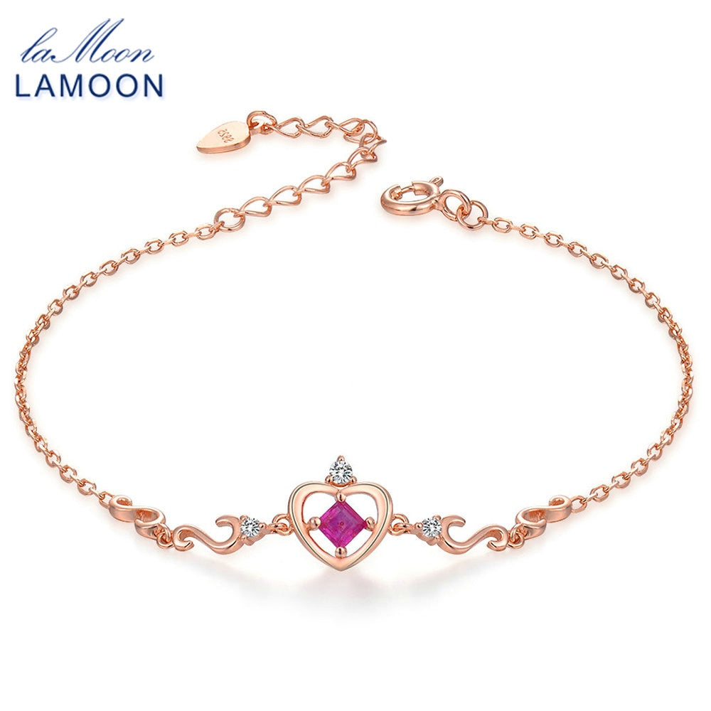 Love Heart Princess Cut 0.2ct 100% Real Ruby 925 Sterling Silver Jewelry S925 Charm Bracelet LMHI028