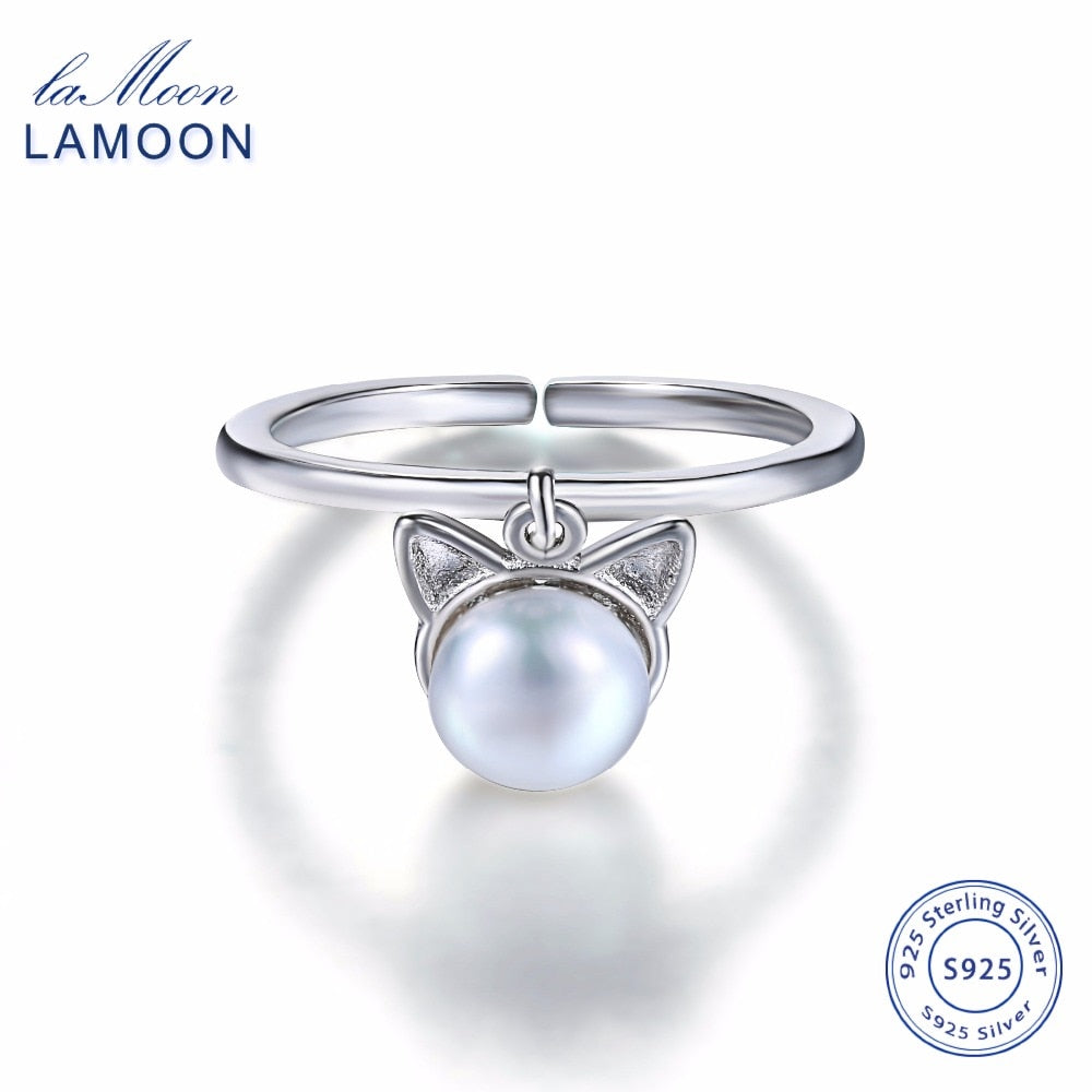 Lovely Cat 925-Sterling-Silver Adjustable Rings 6mm Pearls S925 Fine Jewelry for Women Girls Gift Anti Allergy LMRY053