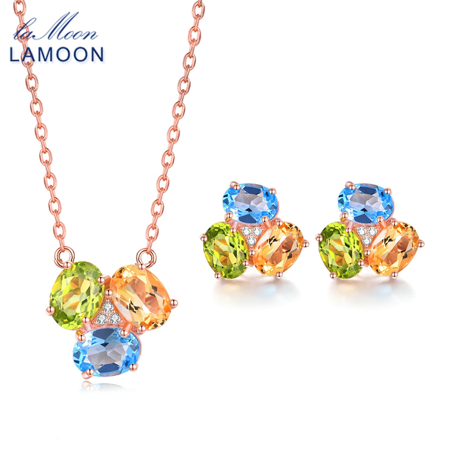 Natural Gemstone 3ct Oval Yellow Citrine Green Peridot Blue Topaz 925 sterling-silver-jewelry Set Jewelry V003-6