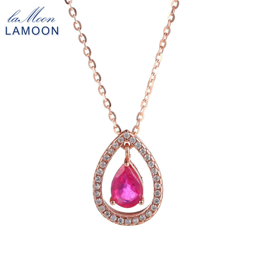 Necklace Pendant For Women 100% 925 Sterling Silver Ruby Gemstone Water Drop Vintage Rose Gold Color Fine Jewelry NI031